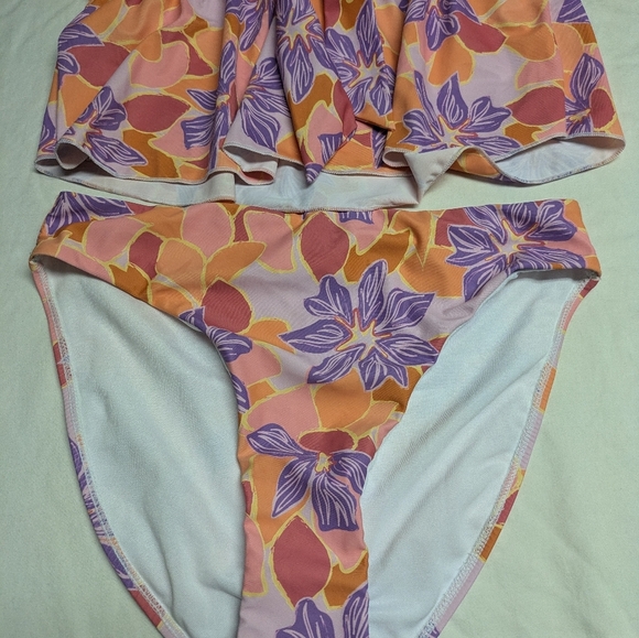 2/$25-Bikini-Flourescent Floral Print Highrise Bottoms & Tie Front Ruffled Tank - Picture 4 of 10
